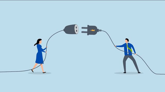 Disconnected business, 4k animation of young man and young adult woman pull plug on the Internet.