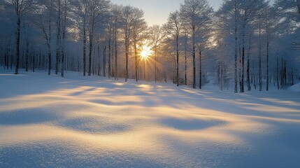 Naklejka premium Serene Winter Sunrise in Snow-Covered Forest with Sunlight Filtering Through Bare Trees and Casting Shadows on Pristine Snow