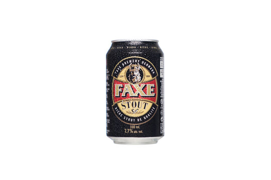 Ukraine, Odesa - August 02, 2024: Can of beer Faxe with drops of water, isolate