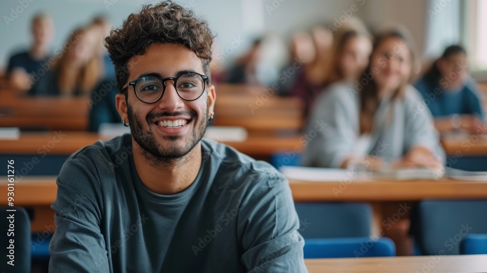 Poster A college student smiles broadly while participating in a lecture alongside fellow classmates in a bright classroom