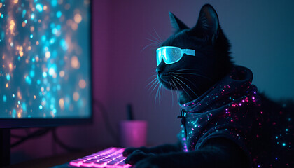A cat is sitting on a desk with a laptop and a keyboard