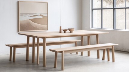 Two abstract landscape frames adorn a beige wall in a dining room, enhancing the aesthetic above a wooden table surrounded by chairs