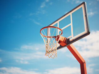 Old basketball hoop under a blue sky