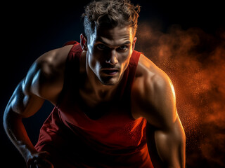 Basketball player training with a ball in a dark studio, fitness concept