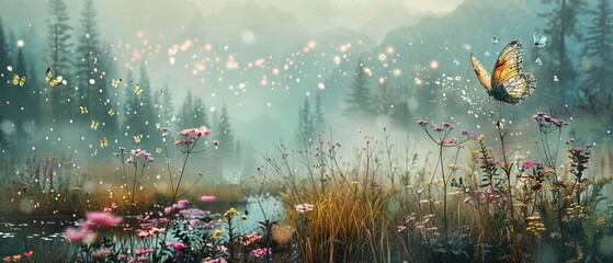 Butterfly flying above wildflower field, streams intertwine