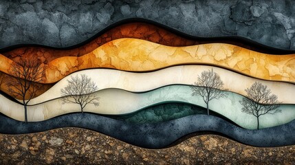 A layered abstract landscape featuring artistic waves and silhouettes of trees, conveying depth and harmony with nature.