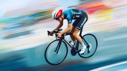 Fototapeta premium A cyclist races down the road, a blur of motion and speed.