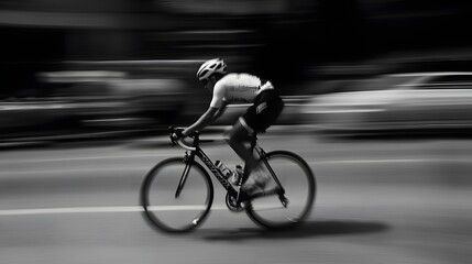 A cyclist speeds down a city street, blurred motion creating a sense of speed.