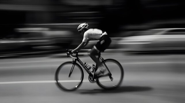 Fototapeta A cyclist speeds down a city street, blurred motion creating a sense of speed.