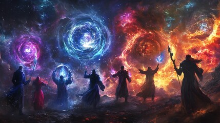 Mystical Figures Summoning Powerful Forces in a Cosmic Landscape.