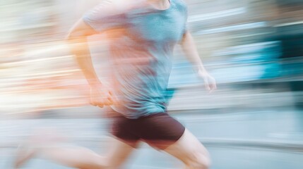 A man runs through the city, a blur of motion against the background.