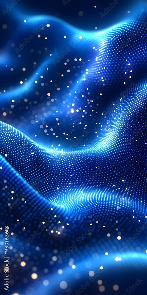 Poster futuristic digital waves of glowing blue particles flow through a dark space, creating an ethereal a
