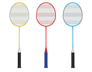 An Illustration of Three Colorful Badminton Rackets. showcases three badminton rackets, each with a different color scheme. The left racket features a yellow frame, the middle racket has a red frame 
