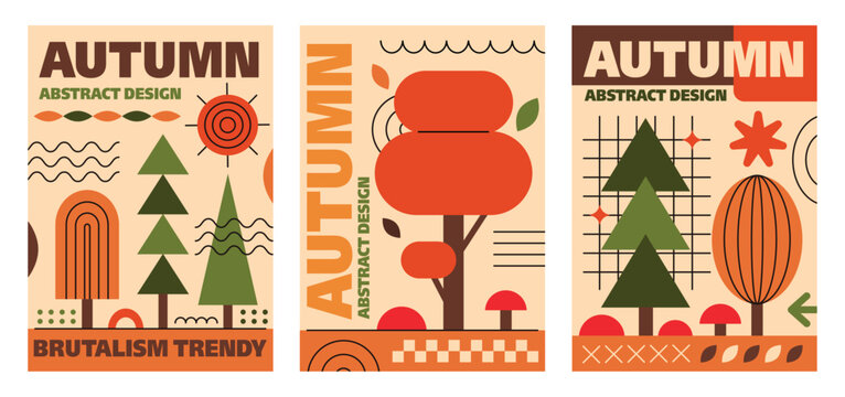 Autumn poster in brutalism style. Set of templates with simple geometric elements, trees on the theme of autumn. Trendy abstract vector illustration.