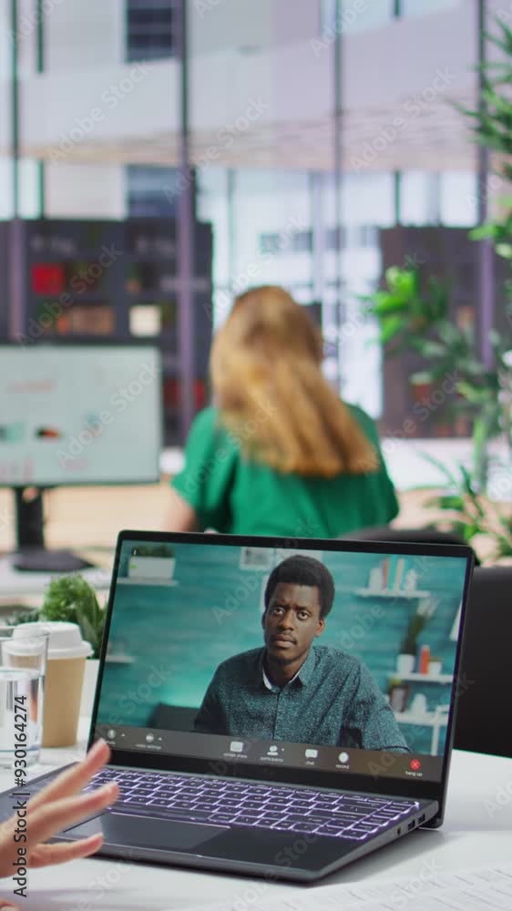 Poster vertical video hr recruiter hosting an online interview with job applicant via internet teleconferen