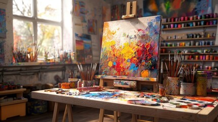 A vibrant artist studio with a colorful painting on the easel, surrounded by paintbrushes and a palette of colors.
