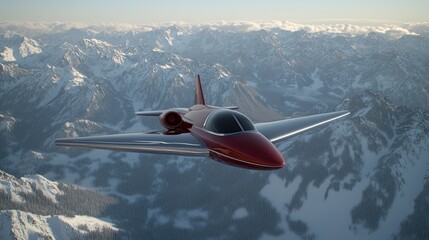 Fototapeta premium A futuristic spaceship flies gracefully above the snow-covered mountains, surrounded by towering peaks and fluffy clouds in a breathtaking wilderness