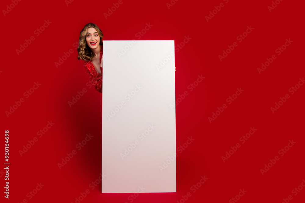Poster full length photo of gorgeous person hide peek behind big empty space smart phone display isolated o