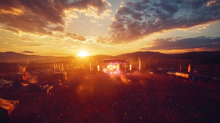 Aerial shot of a festival during sunset, main stage glowing with lights, crowd illuminated by the golden hour, vibrant colors and high contrast, joyful and euphoric mood, expansive view of the