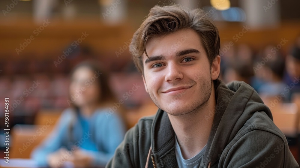 Poster A cheerful college student is engaged and smiling while participating in a lecture, surrounded by fellow classmates