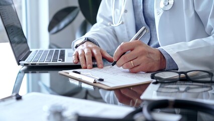Doctor writing medical records on a glass desk with laptop. Medicine and Health Care