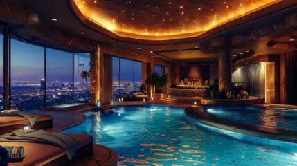 Fototapeta premium The interior of a luxury villa with an indoor lounge area with a large swimming pool and soft sun loungers against the backdrop of panoramic windows at sunset.