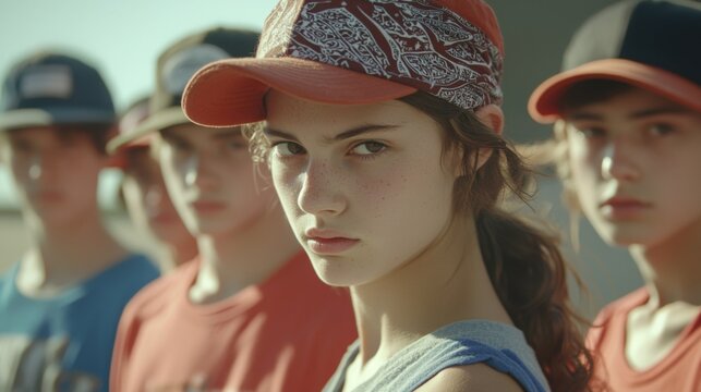 A group of young baseball players stands poised, with one girl in the foreground displaying determination during practice on a sunlit afternoon.