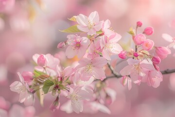 A close-up of cherry blossoms on a tree branch, with soft pink petals and a blurred background of more blossoms.