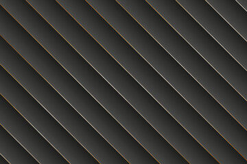 Black 3d stripes texture. Diagonal stripes gray background with golden lines. Black and gold texture.