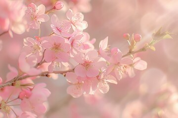 Obraz premium A close-up of cherry blossoms on a tree branch, with soft pink petals and a blurred background of more blossoms.