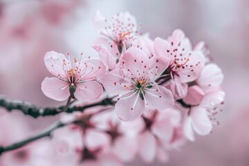 Fototapeta premium A close-up of cherry blossoms on a tree branch, with soft pink petals and a blurred background of more blossoms.