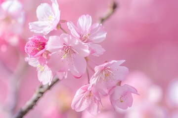 Fototapeta premium A close-up of cherry blossoms on a tree branch, with soft pink petals and a blurred background of more blossoms.