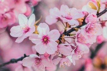 Naklejka premium A close-up of cherry blossoms on a tree branch, with soft pink petals and a blurred background of more blossoms.