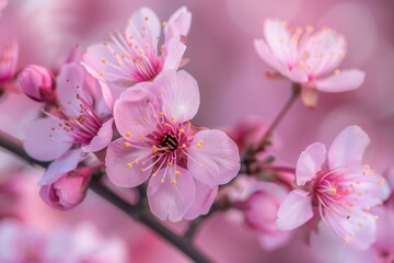 Obraz premium A close-up of cherry blossoms on a tree branch, with soft pink petals and a blurred background of more blossoms.
