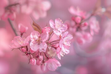 A close-up of cherry blossoms on a tree branch, with soft pink petals and a blurred background of more blossoms.