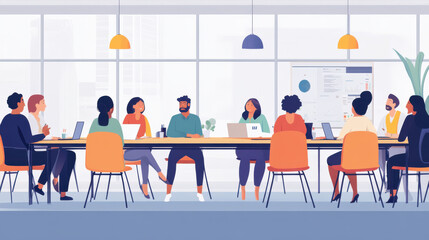 A corporate meeting room filled with a diverse team, brainstorming ideas on promoting workplace inclusivity through diverse hiring. The room is bright, modern, and collaborative