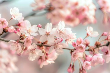 Obraz premium A close-up of cherry blossoms on a tree branch, with soft pink petals and a blurred background of more blossoms.