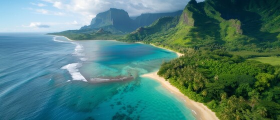  An aerial perspective of a beach with a boat in its midship of the water, and a mountain looming in the background