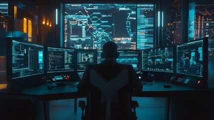 Fototapeta premium Cybersecurity professional analyzing artificial intelligence and machine learning data on multiple computer screens, emphasizing network security, firewall management, and cutting-edge technology