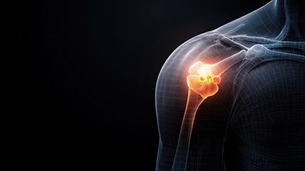 An anatomical illustration highlighting the shoulder joint with glowing areas indicating pain and inflammation.