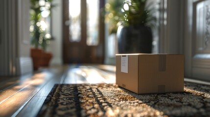 Close-up of package label and doormat texture (close up, precise delivery, realistic, Silhouette, Residential door)