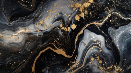 luxurious gold and black marble abstract fluid art with white accents shimmering metallic veins organic patterns resembling smoke or ink in water