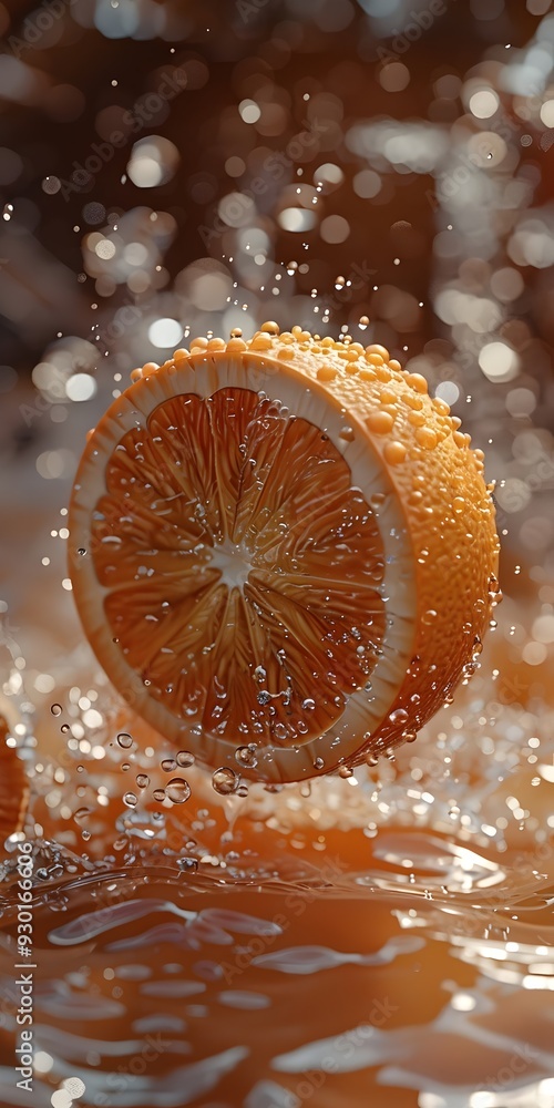 Poster juicy orange slice splashing in water with sparkling droplets, creating a refreshing and vibrant sce