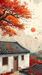 Autumn sunset rural tile roof illustration poster background
