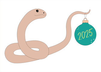 Fototapeta premium Christmas ball and a snake. 2025 New Year. Year of the snake. Merry Christmas and Happy New Year. Green and beige vector illustration on transparent background.