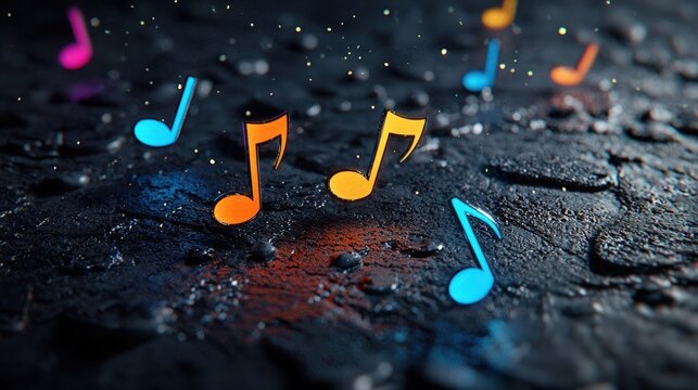 Colorful music notes floating on a dark, textured surface, creating a vibrant and artistic ambiance.