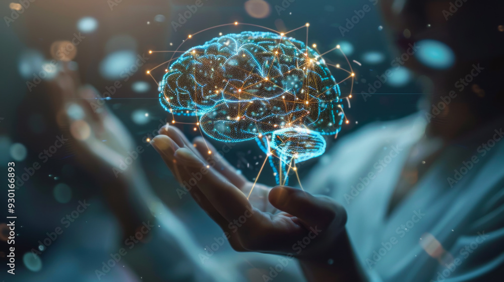 Poster a lab scientist holds a digital holographic brain made of glowing connection points. technology, sci