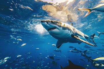Fototapeta premium A great white shark swimming with other sea fishes in blue ocean underwater outdoors nature.
