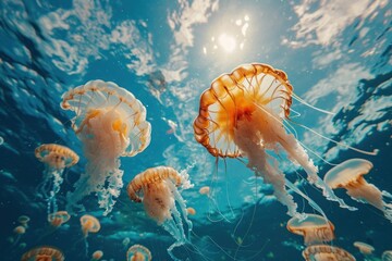 Naklejka premium Jellyfishs swimming with other sea fishes in blue ocean underwater outdoors animal.