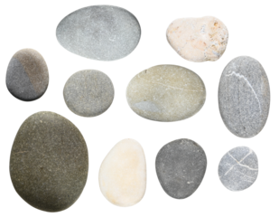 Set of Various flat sea pebble stones isolated isolated on a transparent background.